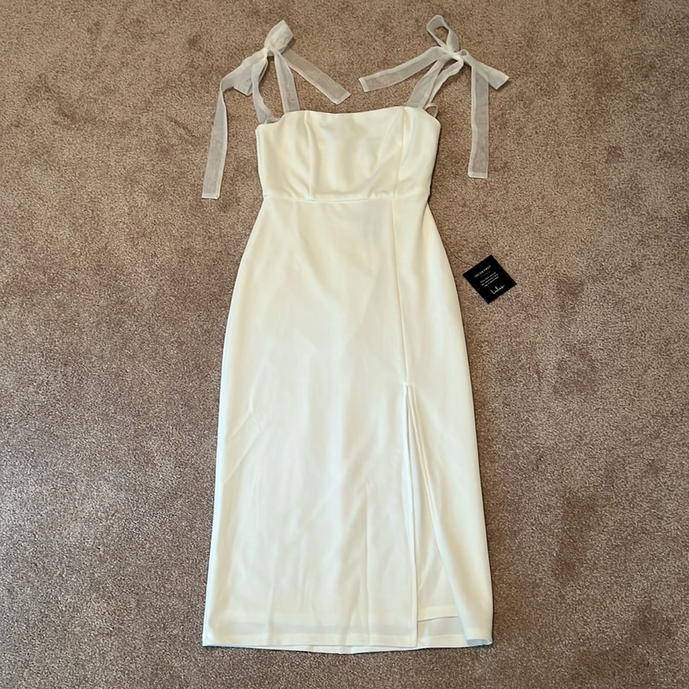 Lulu’s XS Romantic Celebration White Tie-Strap Bodycon Midi Dress